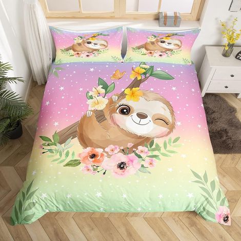 Mignon Sloth Kawaii Sloth Parure de Lit 140x200cm Floral Housse de Couette pour Galaxie avec 1 taie d'oreiller Parure Housse de Couette - 140 x 200 cm (1/5)