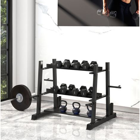 Soporte para mancuernas (131x75x80 cm), ajustable, para discos y barras, acero negro (1/5)