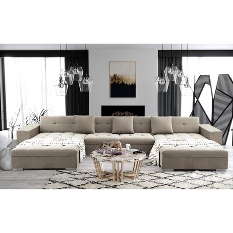 Tendencio – Canapé panoramique convertible ANIXE 5 places – Revêtement tissu 100% polyester – Design moderne avec 2 méridiennes – Couleur beige