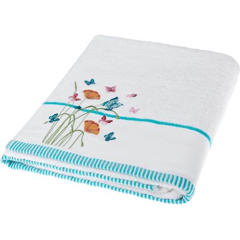 HOMESCAPES Drap de bain brodé papillons et fleurs fleuries 100 x 140 cm