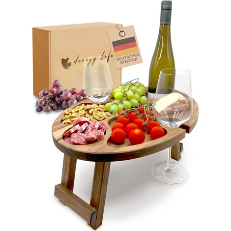 Table de pique-nique en bois d'acacia massif - Pour la maison sur le canapé ou l'extérieur - Table de pique-nique avec porte-vin (1/5)
