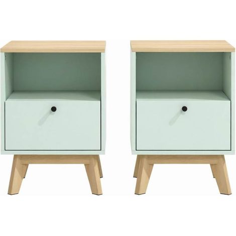CHICFURN Juego de 2 mesillas de noche 40 x 40 x 55 cm MDF verde claro acabado roble, con almacenaje (1/5)