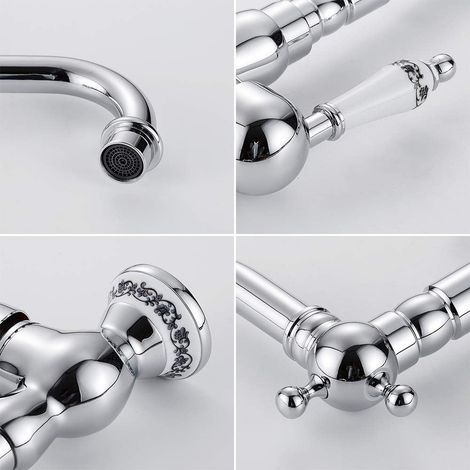 Double poignée céramique chrome ancien – Bec pivotant 360° haut en laiton – Pour cuisine ou salle d’eau (1/5)