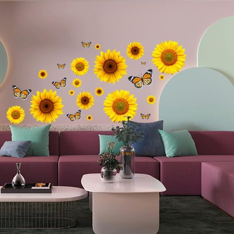 Décor mural tournesols et papillons, stickers muraux autocollants pour salon, chambre, fond TV, décalcomanies artistiques, 1 lot (1/5)
