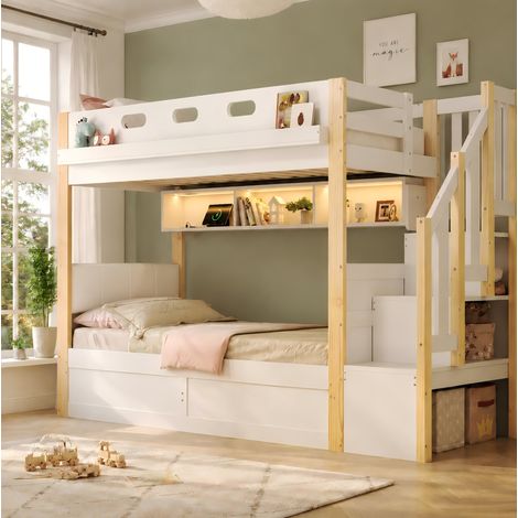 Kinder-Etagenbett aus weißem Kiefernholz 90x200 cm mit Stauraumtreppe und LED OKWISH (1/5)
