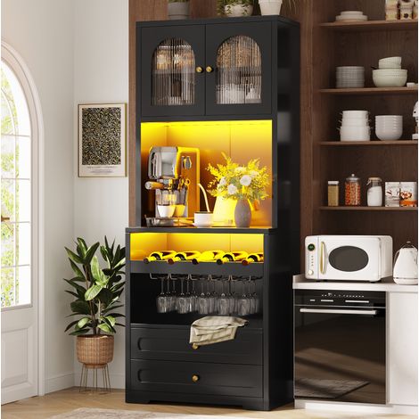 Credenza alta 70x40x180 cm, porte in vetro ad arco, LED con app, ripiani regolabili, MDF nero (1/5)