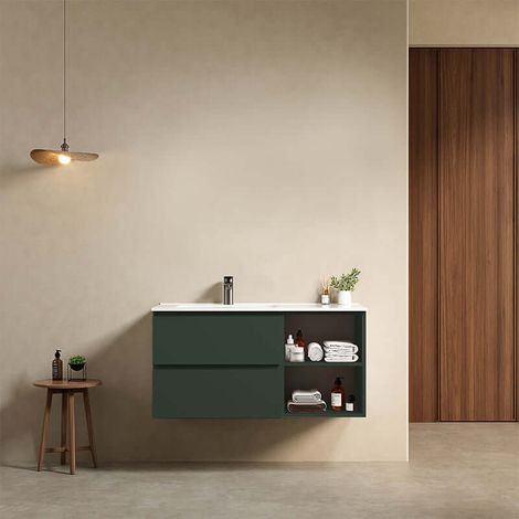 Mobile bagno sospeso 100 cm Verde Comodoro Lavabo a Sinistra in Ceramica Senza Specchio - Fiji Paint Plus