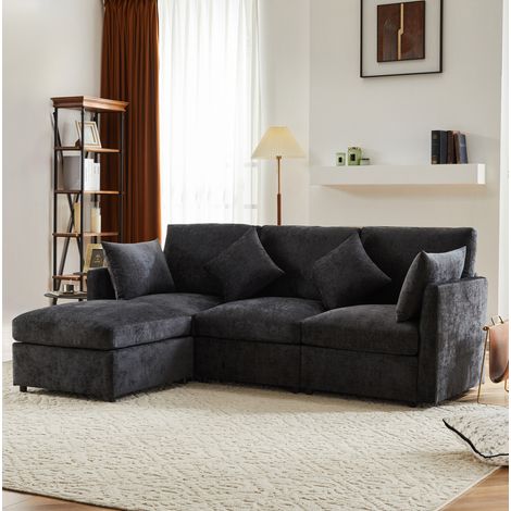 Canapé d'angle modulable convertible 3 places, pouf mobile, 4 coussins, gris HAVRYA (1/5)