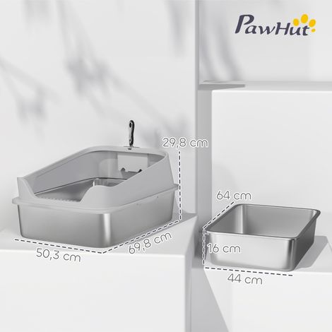 Bac à litière inox ouvert pour grand chat, bords surélevés, avec cuillère, gris, 69,8 x 50,3 x 29,8 cm, jusqu'à 12 kg, anti-éclaboussures (1/5)