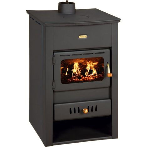 Prity – Poêle à bois 5 kW avec chaudière intégrée – Sortie de fumée supérieure – Couvercle en fonte – Pour chauffage central jusqu'à 80 m²