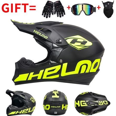 Casque de Moto Cross Intégral Homme/Femme, Certifiés DOT, Casque de Motocross VTT avec Cadeaux (Gants + Lunettes + Masque) - Design Noir et Jaune - Taille L - (Tour de tête 57-60 cm)
