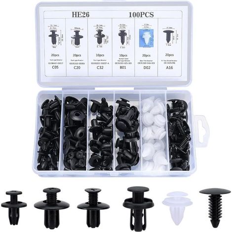 Paquete de 100 clips universales para automóviles, remaches de plástico de 6 tamaños para parachoques, puertas y molduras. (1/4)