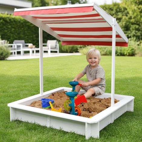 Melko Sandkasten mit Sonndendach Sandkiste Weiß Sandbox Holzsandkasten Spielhaus