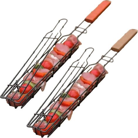 Cage à barbecue extérieure avec manche en bois, filet de camping pour viande et légumes, outils de barbecue de pique-nique (1/5)