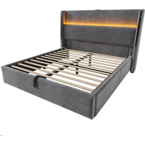 Hydraulisches Bett mit Stauraum 140 x 200 cm, Grau, hoher Kopfteil, LED, USB-C, Matratze (1/5)