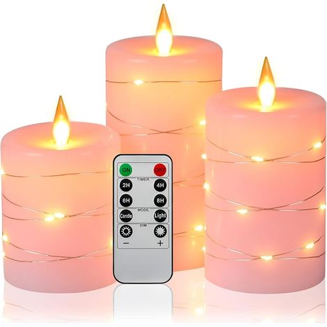 Bougies LED Angle de vision de 360 degrés, avec guirlandes lumineuses étoilées, lot de 3 bougies LED, avec télécommande à 10 touches, fonction minuterie 24 heures, flamme dansante (Rose). (1/5)