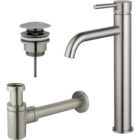 Fortifura Calvi Kit mitigeur lavabo - robinet rehaussé - bonde clic clac - siphon design bas - PVD Inox brossé (1/2)