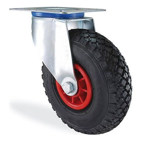 Roue pivotante gonflable 200mm – Charge 75kg – Pour chantiers humides et terrains accidentés – Fixation 105x80mm – HTR
