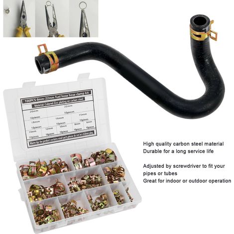 100 Pièces Collier de Serrage Ressort Flexible pour Tuyau Carburant Acier au Carbone Zingué 6-22mm
