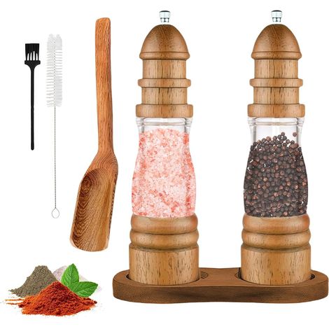 2 Pièces Moulin a Poivre, Moulin Sel Poivre Manuel en Bois, Réglables Broyeur d'Épices en Céramique, avec Fenêtre Transparente, pour Moudre les Épices, le Cumin, le Sésame, le Paprika (22,5 cm) (1/5)
