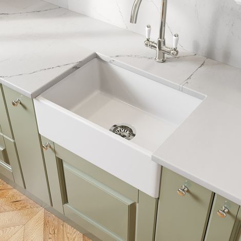605 x 405mm Ceramic Belfast Kitchen Sink Single Bowl 1.0 & Chrome Strainer Waste (1/5)