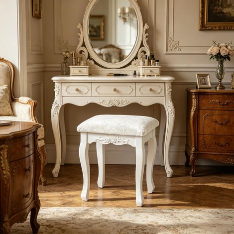 Tabouret de Piano Élégant, Tabouret Vintage pour Coiffeuse, Tabouret de Maquillage Rembourré, Repose-pieds pour Chambre, Banquette à Chaussures (Lot de 1)