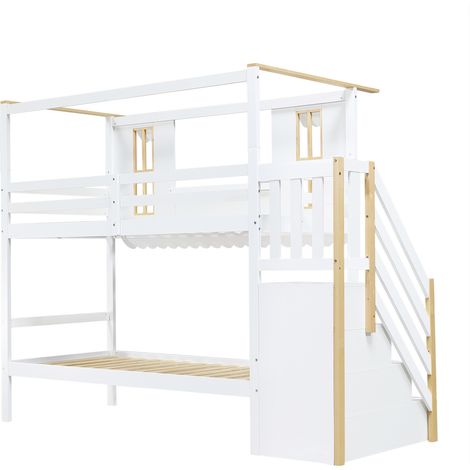 Litera infantil 90x200 cm blanco natural con escalera de almacenamiento (1/5)