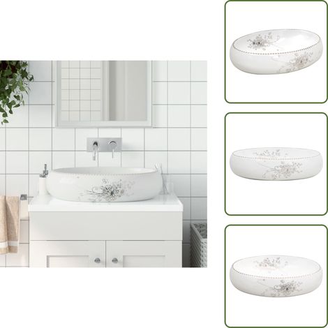 The Living Store Aufsatzwaschbecken Weiß Oval 59x40x15 cm Keramik - Badezimmersanierung - Waschbecken Weiß - Keramikwaschbecken - Handgefertigtes Waschbecken - Aufsetzbecken