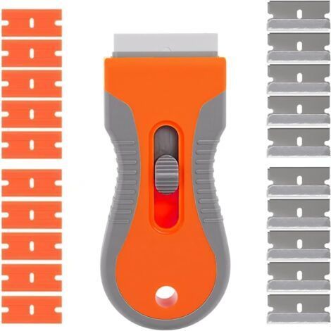 Scraper for ceramic hob, window paint, orange multifunction plancha with replaceable blade and 10 plastic blades, 10 metal blades for cleaning kitchen stickers (1/5)