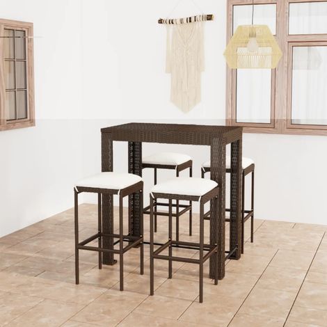 5-tlg. Gartenbar-Set mit Kissen Poly Rattan Braun