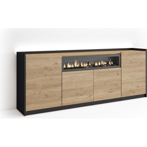 Skraut Home - Aparador para salón, Gran capacidad de almacenaje, 207x37x80cm, 4 Puertas, Chimenea eléctrica, LED, Estilo Moderno, Roble y negro (1/5)