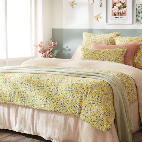 Taie d'oreiller gaze de coton imprimé floral jaune 60x60 (1/2)