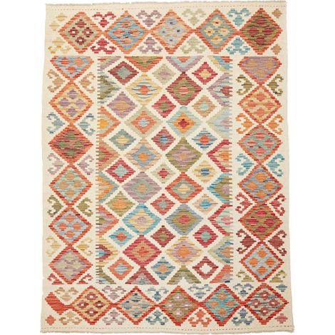 Tapis kilim 150 x 199 cm, motif géométrique, multicolore, crème et rouge, en laine naturelle, tissé artisanal (1/5)