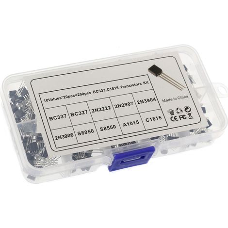 Kit de 200 transistores de potencia NPN/PNP TO-92 (10 tipos y valores): BC337/BC327/2N222/2N2907/2N3904/2N3906/S8050/S8550/A1015/C1815, con caja de almacenamiento portátil. (1/5)