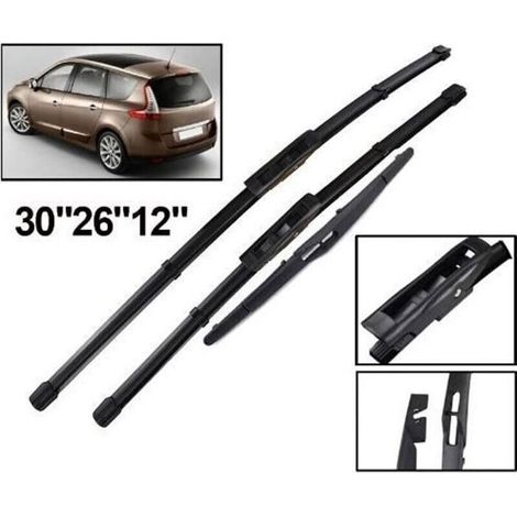 Lot de 3 Balais d'essuie-glace avant et arrière compatibles Renault Scenic 3 / Grand Scenic 3 2009 à 2016 - Noir (1/4)