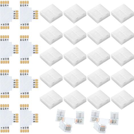 28 Packs Connecteurs Ruban LED RGB 4 Broches 10mm, pour Bandes RGB SMD 5050 Connecteurs LED 4 pin 10mm avec 20 Clips Ruban Lumineux et 8 Raccords en T, Pour Connexion L de Bande, Sans Soudure (1/5)