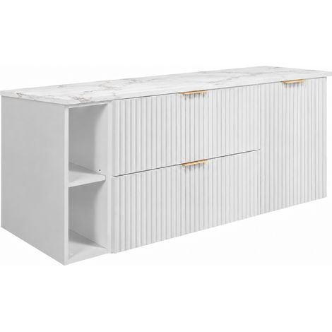 Set di mobili da bagno, 2 cassetti, 1 anta, chiusura ammortizzata, cesto portabiancheria, Bianco / piano Marmo, maniglie dorate, 140 x 46 x 57 cm (1/5)