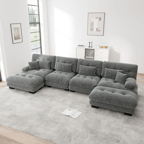 Canapé d'angle modulable 4 places, canapé panoramique U ou L, assise profonde avec 2 poufs mobiles pour salon - chenille - gris