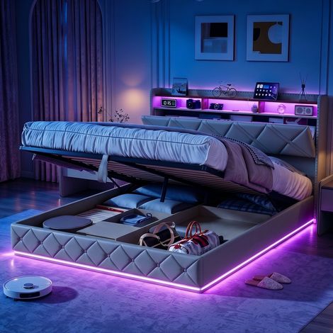 Cama adulta de 140x200cm – Cama con almacenamiento – Interfaces USB + Tipo-C – Iluminación LED – Cabecero con espacio de almacenamiento – Ropa de cama gris (1/5)