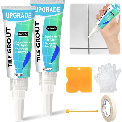 Kit de réparation de joints carrelage, 2 stylos de joint avec outils pour salle de bain et cuisine, fissures sur évier, baignoire, WC, séchage rapide et mastic pour carreaux étanche (gris) (1/5)