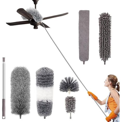 Plumeau Poussière Télescopique 7pcs Microfibre Nettoyage Kit avec Poignée Inoxydable Lavable Têtes Amovibles Balai Antipoussière pour Plafond Rideau Ventilateur Toiles d'araignée Stores (1/4)
