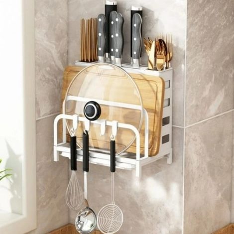 Mensola da cucina multiuso da parete per coltelli, utensili e taglieri, 25,5x14x24 cm - Bianco (per montaggio sospeso/su piano di lavoro) (1/4)