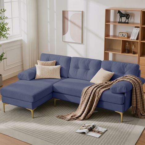 Canapé d’angle 187,5x130 cm bleu 3 places, méridienne réversible gauche/droite, tissu chenille et pieds métal (1/5)