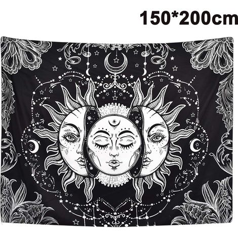 Tapisserie Soleil et Lune, Tapisserie Soleil Ardent avec Étoile, Tapisserie Psychédélique, Tapisserie Mystique, Décoration Murale (1/4)