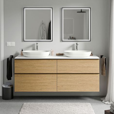 BERNSTEIN - Mobile lavabo sospeso MDF rovere miele, piano lavabo bianco opaco, maniglia nero opaco - 160x46x62cm - LAVOA	Nero opaco, Rovere Miele Oro, Bianco opaco