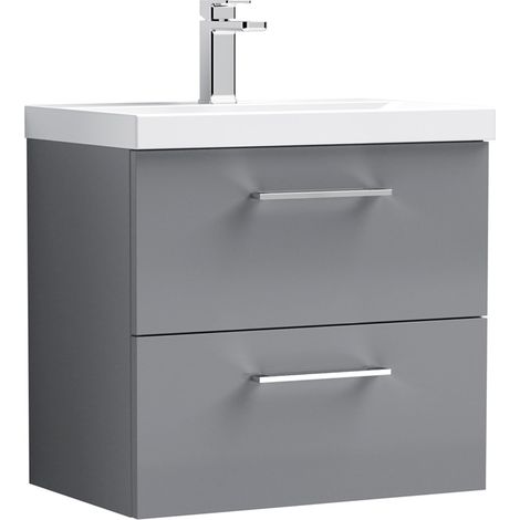Nuie Arno Satin Grey 600mm Wall Hung 2 Drawer Vanity Unit and Mid Edge Ceramic Basin - ARN2224A (1/4)