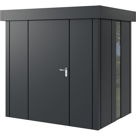 Hörmann Metall-Gerätehaus "Juno" mit Flachdach, JFD4 - Design, 214 x 166 cm (B x T), anthrazit, mit bodentiefem Fenster, 1-flüglige Tür, Anschlag links