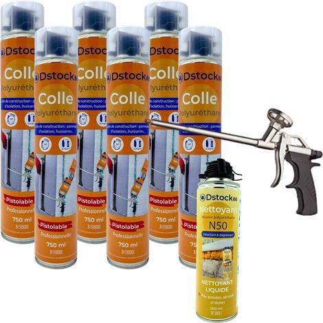 DSTOCK60 - Lot de 6 colles de montage polyuréthane + 1 pistolet + 1 nettoyant mousse - Mousse polyuréthane faiblement expansive pour le collage des panneaux isolants, rouleaux de bitume, huisseries…