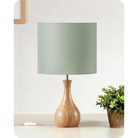 Lampe de Chevet, Petite Lampe de Table en Bois et Abat-jour en Lin, Lampe à Poser avec Câble, Douille E27, 1 Ampoule LED 2700K Inclus, pour Salon, Chambre, Vert et Bois (1/5)