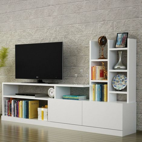 Dmora - Mueble de televisión Alni, Aparador de salón, Mueble bajo para TV, Base de pared equipada, 164x25h91 cm, Blanco, con embalaje reforzado (1/5)